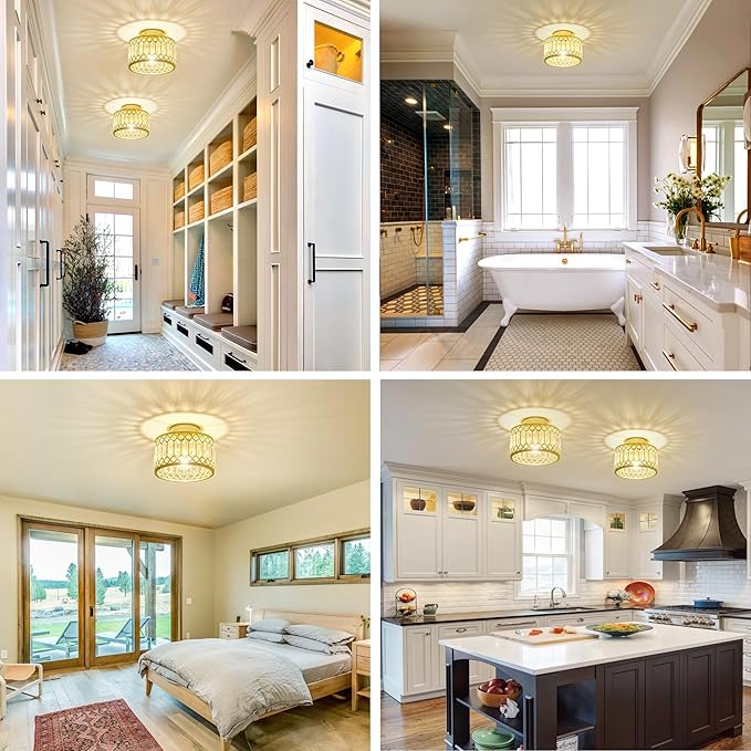 Rpzloila Crystal Ceiling Light, Modern Semi Flush Mount Ceiling Light, Gold Crystal Chandelier for Kitchen Bedroom Bathroom Entryway (Bulb not Included)
