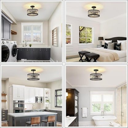 CNRATYE 12.6" Crystal Semi Flush Mount Ceiling Light Fixture, 3-Light Antique Black Hallway Light Fixtures, Round Chandelier for Bathroom Entryway Closet Bedroom Kitchen Dining Room