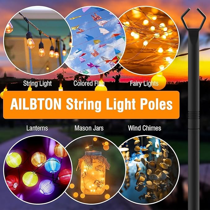 AILBTON 10Ft String Light Poles 10 Pack,Light Poles for Outside Lights,Outdoor with Fence Brackets Hanging Lights,Metal Stand Deck Patio Backyard