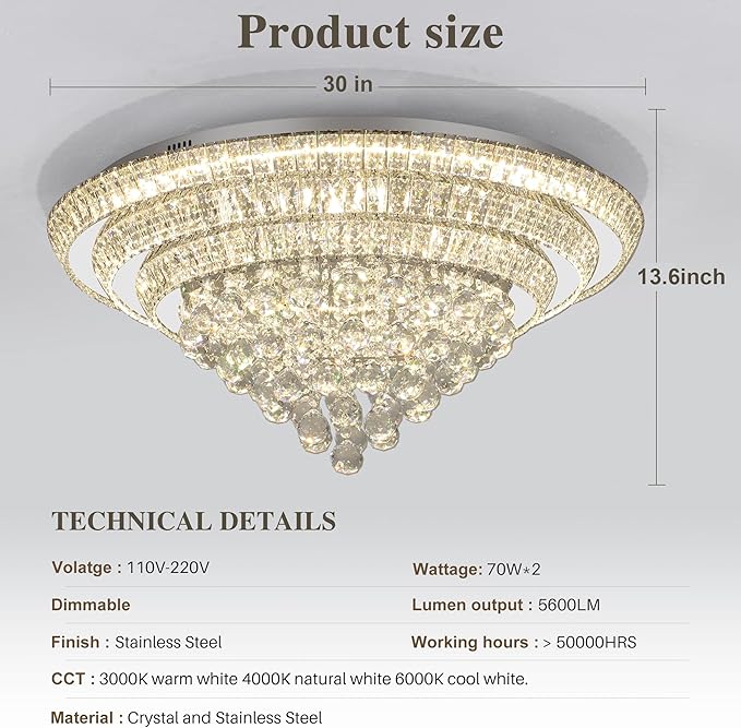 Miuyhji Elegant LED Crystal Raindrop Ceiling Light, 30" Flush Mount Chandelier Light Fixture with Remote Control for Living Room Kitchen Island Bedroom Hallway Entryway Foyer(Dimmable)