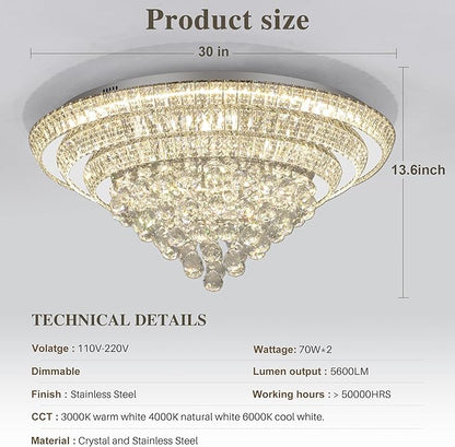 Miuyhji Elegant LED Crystal Raindrop Ceiling Light, 30" Flush Mount Chandelier Light Fixture with Remote Control for Living Room Kitchen Island Bedroom Hallway Entryway Foyer(Dimmable)