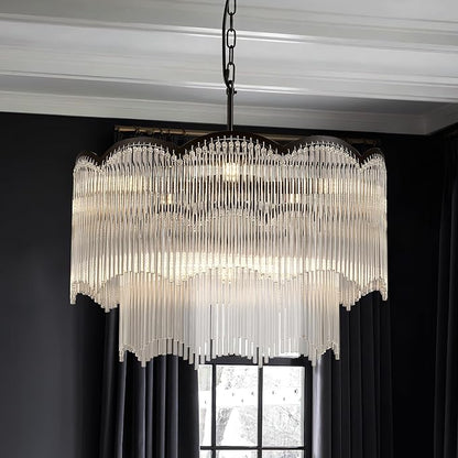 22.83" Black Clear Glass Crystal Chandelier 8-Light Modern Crystal Pendant Ceiling Light Fixture 2-Tier Luxury Glass Chandeliers,for Dining Room Kitchen Island Living Room Bedroom
