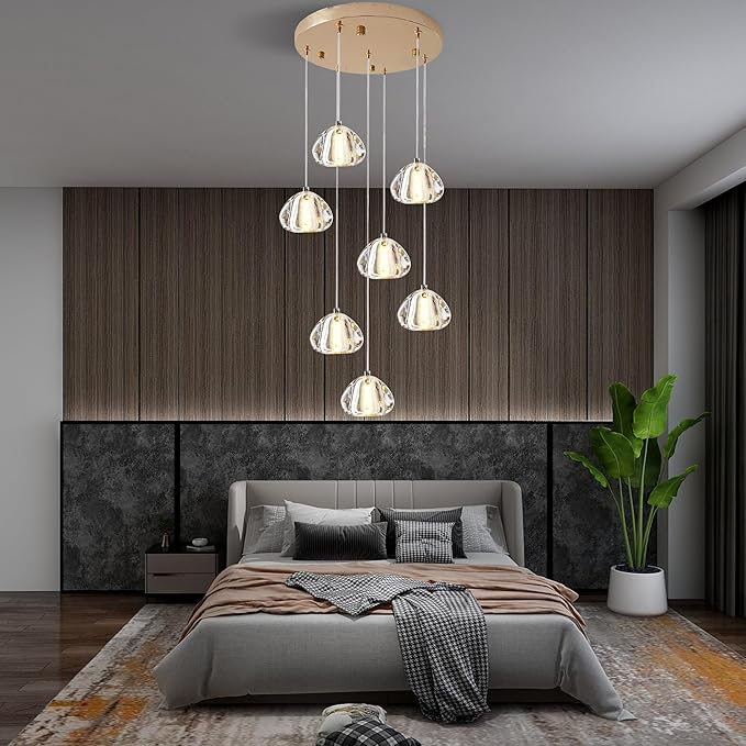 Modern Crystal Foyer Chandelier Entryway 7-Lights Gold, Raindrop Bubble Sphere LED Lighting Fixture for Staircase Living Room