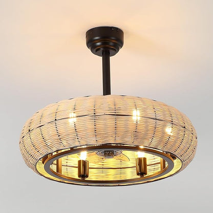 JONATHAN Y 23" Light Brown/Black 6-Light Modern Bohemian Ceiling Fan with Lights, 6-Speed Remote and App Control, Height Adjustable LED Lantern with Dark Brown Rattan Shade for Living Room (JYL9728B)
