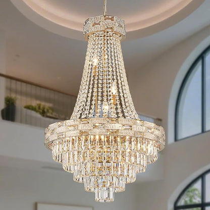 12 Lights Gold Crystal Chandeliers Modern Chandelier for High Ceilings Large Pendant Light Fixture Foyer Staircase Hallway Entryway Living Room Hall Lobby 36" H x 23.5" D