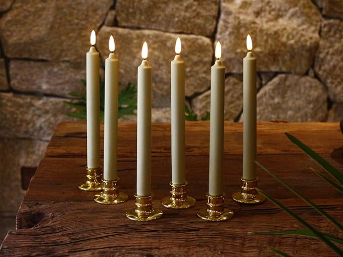 6 Pack Flameless Ivory real Wax Window Candles with 12 AA Batteries(Include, Run More Than 400 Hours) and Golden Candlebase, 10" Flickering Battery Operated LED Taper Windows Candles with Remote Timer
