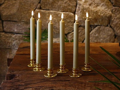 6 Pack Flameless Ivory real Wax Window Candles with 12 AA Batteries(Include, Run More Than 400 Hours) and Golden Candlebase, 10" Flickering Battery Operated LED Taper Windows Candles with Remote Timer