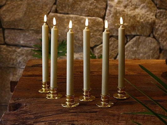 6 Pack Flameless Ivory real Wax Window Candles with 12 AA Batteries(Include, Run More Than 400 Hours) and Golden Candlebase, 10" Flickering Battery Operated LED Taper Windows Candles with Remote Timer