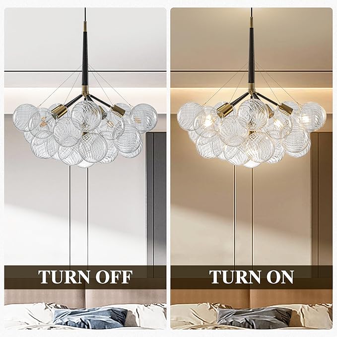 Longree Bubble Ball Glass Chandelier Black and Gold, 24 inches Swirled Blown Glass Globe Cluster Pendant Light Fixture for Bedroom Island Restaurant