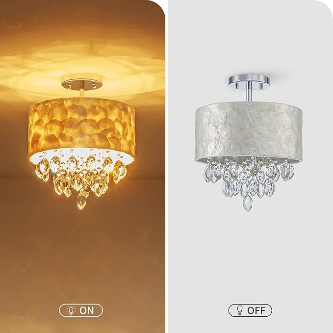 3-Light Capiz Shell Crystal Drum Ceiling Light, Coastal Style Close to Ceiling Light Fixture for Dining Room, Living Room & Bedroom, D12 * H14 inch, Shell Lampshade & Chrome Finish