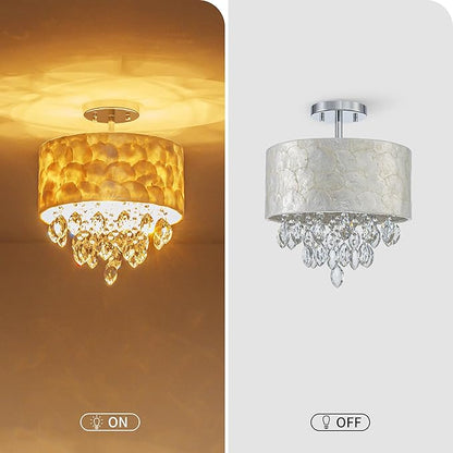 3-Light Capiz Shell Crystal Drum Ceiling Light, Coastal Style Close to Ceiling Light Fixture for Dining Room, Living Room & Bedroom, D12 * H14 inch, Shell Lampshade & Chrome Finish