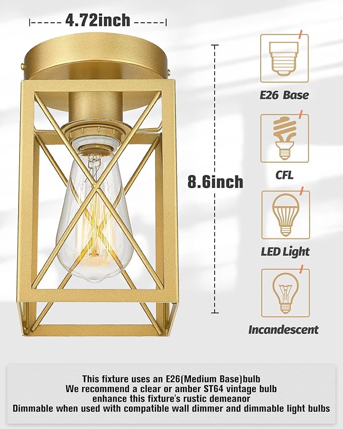 Semi Flush Mount Ceiling Light,Metal Cage Farmhouse Light Fixture Hardwired for Entryway, Hallway, Kitchen Over Sink, Bathroom,Laundry Room,Modern Industrial Vintage Style,Single E26 Bulb（Gold,1PK）