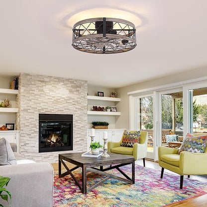 REDSTAR Flush Mount Caged Ceiling Fan with Lights, 20" Small Bladeless Ceiling Fans with Remote, Rustic Low Profile Ceiling Fans 6-Speeds Reversible Enclosed Ceiling Fan for Bedroom Kitchen Farmhouse