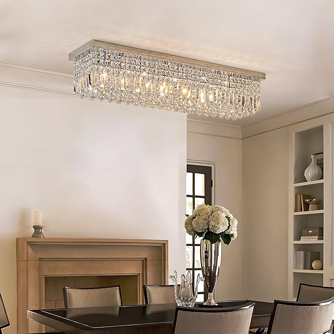 Crystal Chandelier for Dining Room 39.3" Modern Gold K9 Crystal Rectangle Chandeliers Flush Mount Pendant Light Fixture Kitchen Island Bar Dining Room Bedroom Bathroom Hotel