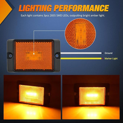 Nilight Side Marker Light 2PCS Square 3LED Amber Front Rear Indicator Clearance Lights Reflective Lens Surface Mounted Waterproof for 12V Truck Trailer Boat RV
