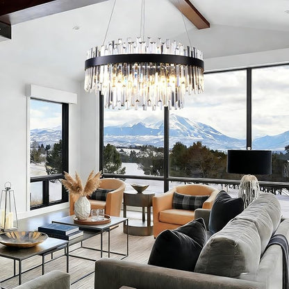 Modern Luxury Black Crystal Chandelier, 9-Light 2-Tier Round Raindrop Adjustable Flush Mount Pendant Light for Dining Room,Living Room,Kitchen,Entryway, Foyer - 23.6" D, E12 Base