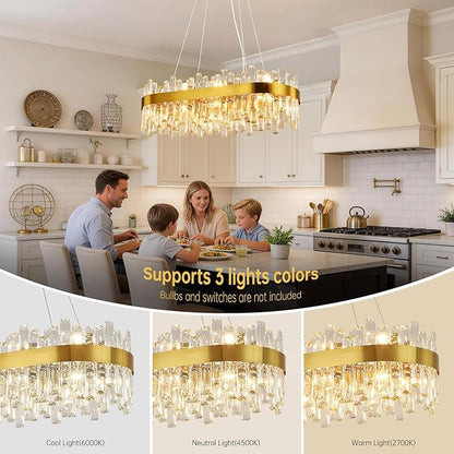 Weesalife Gold Crystal Chandeliers for Dining Room Lights Fixtures Over Table, 16 Lights Modern Rectangle 2-Tier Chandeliers for Kitchen Island Bar L32 Inch
