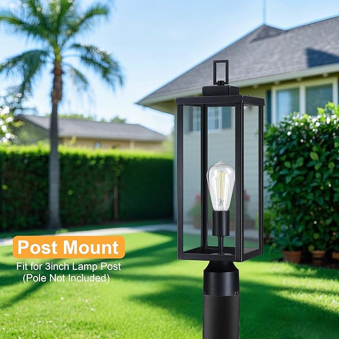 GRUENLICH Outdoor Lamp Post Light Fixtures, Exterior Pole Lantern with Tempered Glass, 20.5 Inch Fence Post Lighting for Garden Yard Pathway, Black, 2 Pack