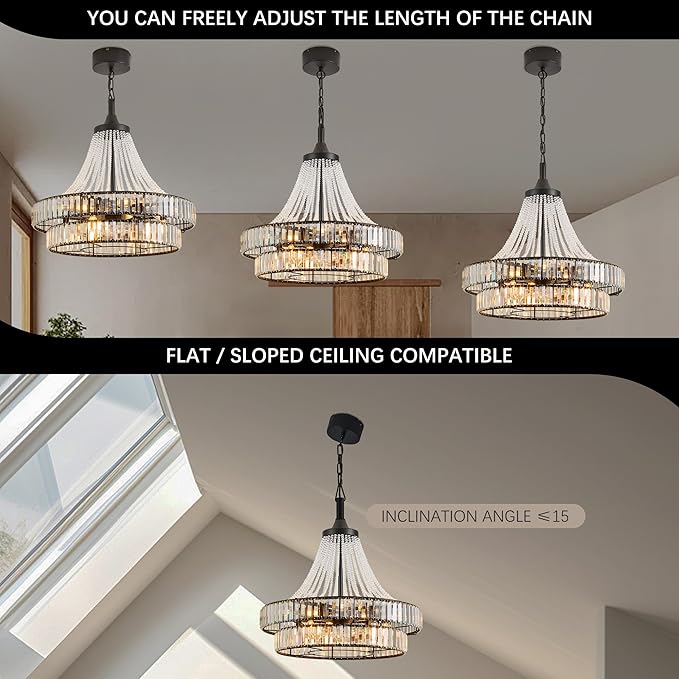 24" Modern Crystal Caged Fandelier, Smart Chandelier Fan with Remote and APP Control, Double Layer Ceiling Fan with Light for Dining Living Room Bedroom, Italian Design-Black