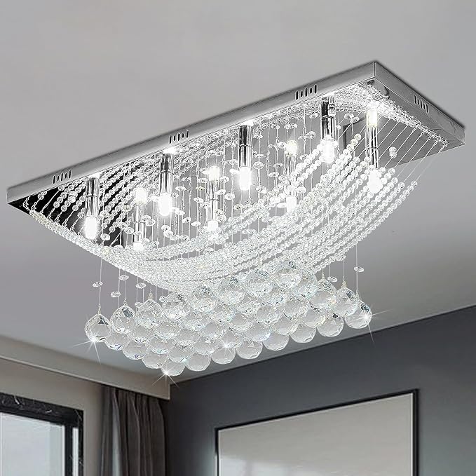 Crystal Chandelier Modern Chandelier Flush Mount Chandelier Silver Rectangle Crystal Raindrop Chandelier 8 Lights Ceiling Light Fixture Pendant Lamp for Kitchen Island Dining Room Closet Wedding Decor