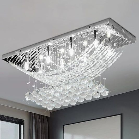Crystal Chandelier Modern Chandelier Flush Mount Chandelier Silver Rectangle Crystal Raindrop Chandelier 8 Lights Ceiling Light Fixture Pendant Lamp for Kitchen Island Dining Room Closet Wedding Decor