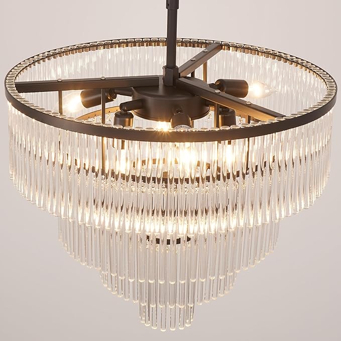 Modern Multi-Tier Crystal Chandelier 4-Tier Round Black Finish Ceiling Light -Cylindrical Glass Rods -Dining Room Living Room Bedroom Entryway -Luxury Lighting Fixture 20''