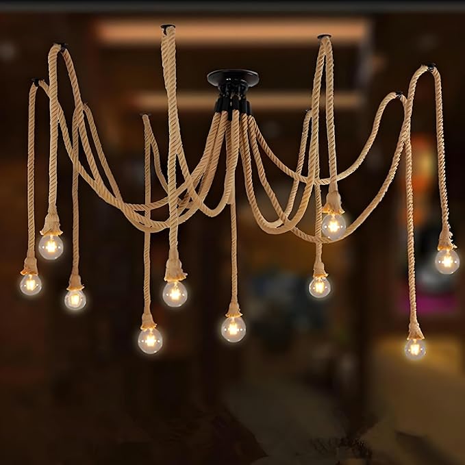 10 Head 2 Meter Vintage Hemp Rope Pendant Light Fixture E26/E27 Base, Vintage Ceiling Light Lamp,Retro Style for Dining Hall Restaurant Bar Lighting(Bulb not Included)