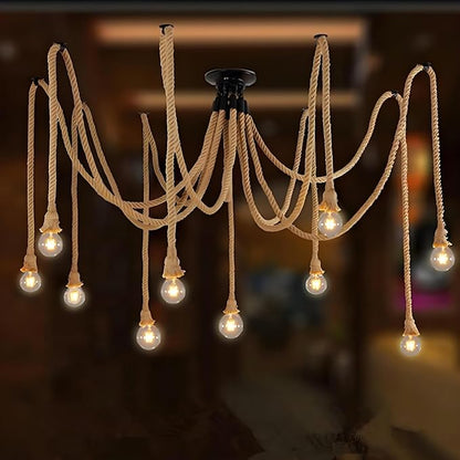 10 Head 2 Meter Vintage Hemp Rope Pendant Light Fixture E26/E27 Base, Vintage Ceiling Light Lamp,Retro Style for Dining Hall Restaurant Bar Lighting(Bulb not Included)
