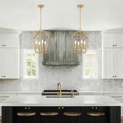MELUCEE 4-Light Gold Farmhouse Chandelier Iron Lantern Pendant Light Rustic Cage Hanging Light Fixtures Industrial Foyer Lights for Kitchen Island Dining Room Hallway Foyer Entryway, E12 Base