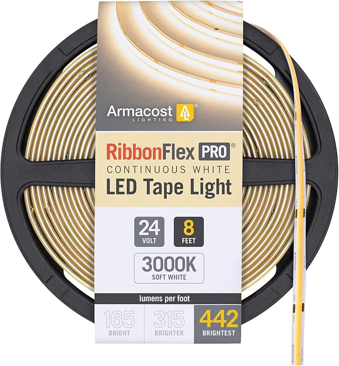 Armacost Lighting RibbonFlex Pro 24V White COB LED Strip Light Tape 3000K, 442 Lumens/Ft, 2.5M 173210