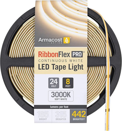 Armacost Lighting RibbonFlex Pro 24V White COB LED Strip Light Tape 3000K, 442 Lumens/Ft, 2.5M 173210
