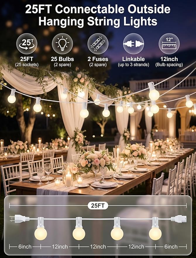 25Ft Outdoor White Frosted String Lights with 27 G40 Frosted Bulbs,E12 Socket base,Waterproof Connectable Hanging Lights for Backyard Wedding Porch Bistro Party Valentine's Day Decor,White Wire