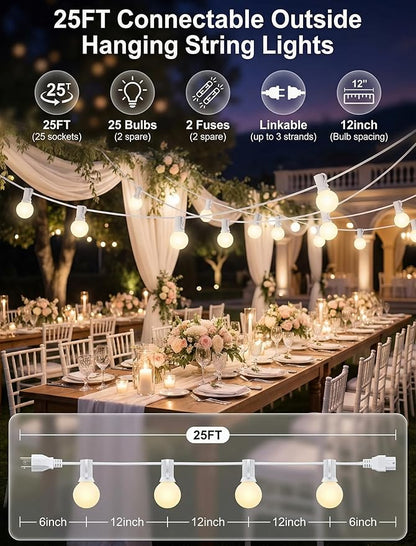 25Ft Outdoor White Frosted String Lights with 27 G40 Frosted Bulbs,E12 Socket base,Waterproof Connectable Hanging Lights for Backyard Wedding Porch Bistro Party Valentine's Day Decor,White Wire