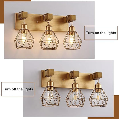 Farmhouse Bathroom Light Fixtures, 3-Light Gold Bathroom Vanity Light, Rustic Matte Antique Brass Finish with Metal Lampshade, Wall Sconces for Bedroom, Living Room, Hallway