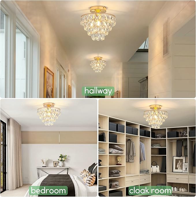 Luupyia Gold Crystal Chandelier Small, Mini Ceiling Light Modern Flush Mount Crystal Chandelier Hallway Overhead Light Fixtures Ceiling for Hallway Bedroom Hall Living Room E26