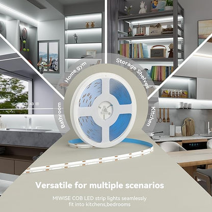 MIWISE White LED Strip Lights,COB LED Strip Light 6000K Daylight White,Dimmable 32.8ft 24V LED Tape Lights,Flexible Super Bright Strip Lighting with Remote for Under Cabinet,Mirror,Bedroom,DIY Project