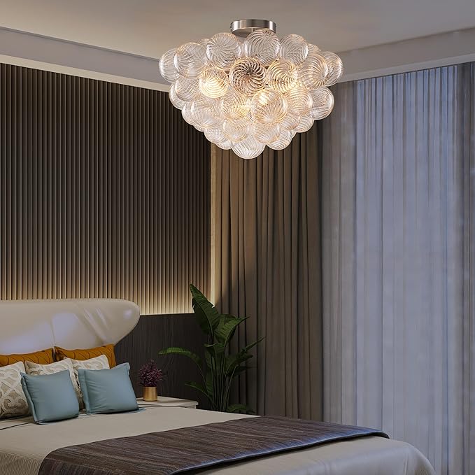 Hand Blown Glass Bubble Ball Chandelier Nickel-Plated 20" Semi Flush Mount Ceiling Light Art Deco Cluster Ribbed Blown Glass Globe Lighting for Bedroom Dining Table Entryway