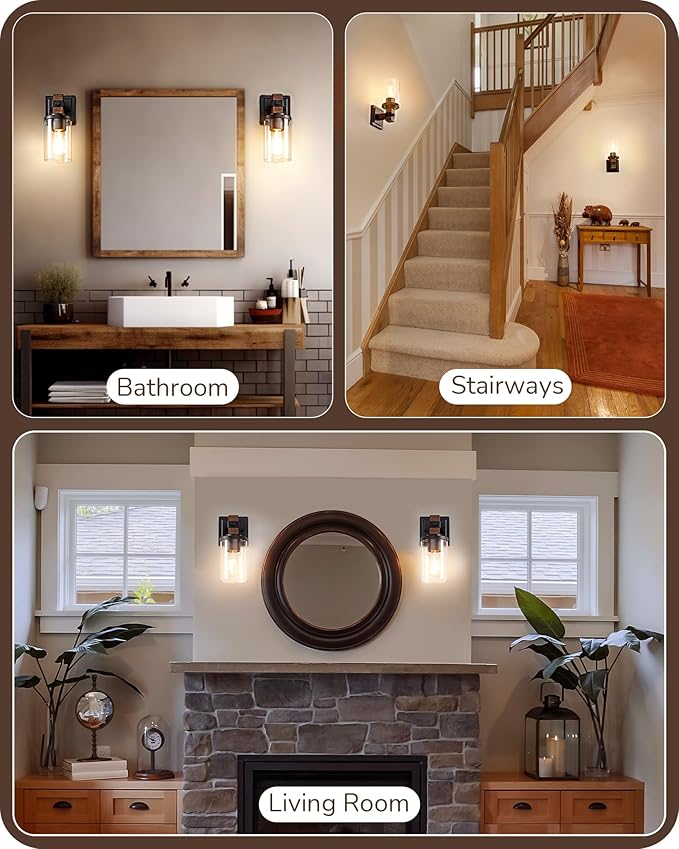 EDISHINE Wall Sconces Set of 2, Farmhouse Vanity Lights Fixtures for Bathroom, 1-Light Faux Wood Rustic Bath Wall Mount Lamp with Clear Glass Shade for Hallway, Living Room, Mirror, Kitchen