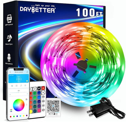 DAYBETTER LED Strip Lights 100ft RGB Lights Strip for Bedroom, Desk, Indoor Room Living Room Brithday Gifts Home Decor with Remote, 24V Power Supply