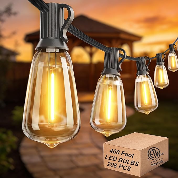 DAMAING Outdoor String Lights Weatherproof 400FT shatterproof connectable Patio Lights for Outside 4 Pack x 100FT with 208 Vintage dimmable LED Edison Bulbs,Hanging Lights for Garden,Balcony