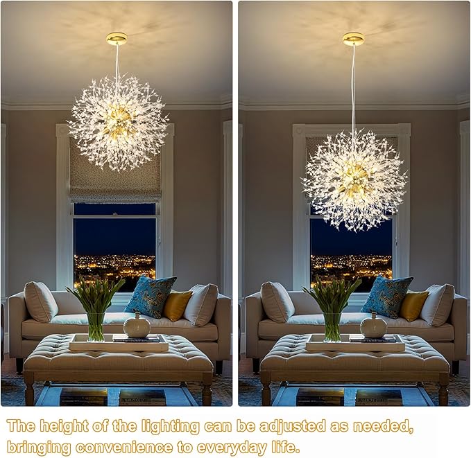 Yiisem Modern Gold Crystal Chandeliers, 16-Light Dandelion Firework Pendant Lighting, Hanging Chandelier Light Fixtures for Dining Room Bedroom Living Room Kitchen Island