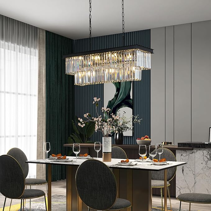 Weesalife Crystal Chandeliers for Dining Room 11-Light Black Modern Chandelier Rectangle Contemporary Pendant Light Fixture for Kitchen Island Bar L33.5 Inch