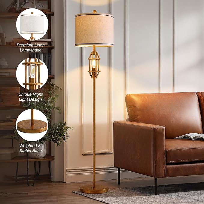 G-SAFAVA 62.5" Floor Lamp for Living Room Industrial Gold Standing Tall Lamps for Bedroom Mid Century Modern Corner Floor Lamps for Office Nursery Reading Light Room Lamp, Bulbs Included
