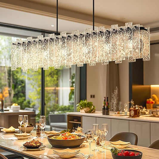 Modern Black Rectangle Chandelier, 48" Dining Room Chandelier with Water Ripple Glass, Staggered Design, Linear Crystal Chandeliers for Dining Room, Living Room, Kitchen Island