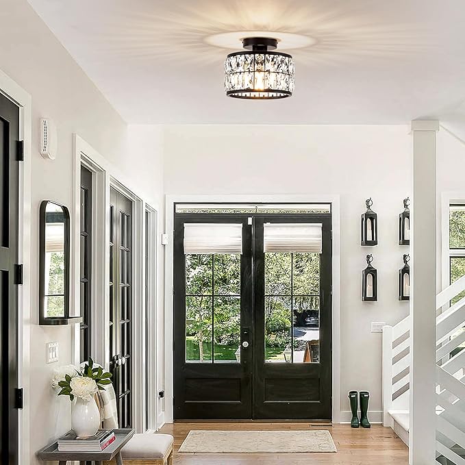 Rpzloila Crystal Ceiling Light Fixture, Modern Semi Flush Mount Ceiling Light,Crystal Chandelier for Kitchen Bedroom Bathroom Entryway, Black Finish