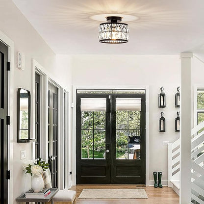 Rpzloila Crystal Ceiling Light Fixture, Modern Semi Flush Mount Ceiling Light,Crystal Chandelier for Kitchen Bedroom Bathroom Entryway, Black Finish
