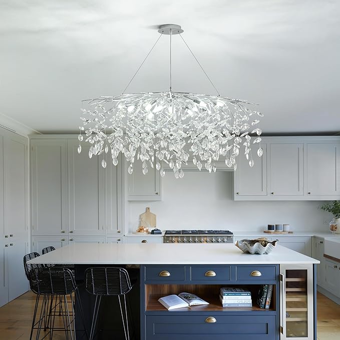 Modern Silver Crystal Tree Branch Chandelier, Rectangle Linear Art Deco Raindrop Lighting Fixture for Dining Room Living Room 12 Lights L40''