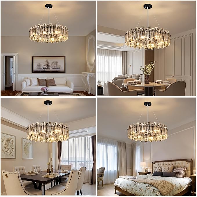 Modern Luxury K9 Crystal Chandelier 10-Lights Round Pendant Light Easy Install Ceiling Hanging Light Fixture for Dining Living Room Kitchen Island Entryway Foyer D31.5 Black