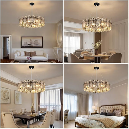 Modern Luxury K9 Crystal Chandelier 10-Lights Round Pendant Light Easy Install Ceiling Hanging Light Fixture for Dining Living Room Kitchen Island Entryway Foyer D31.5 Black