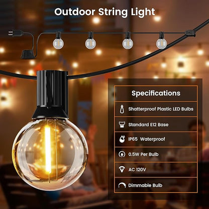 OHLUX Outdoor String Lights, 27FT LED Patio Lights with 13 Dimmable Plastic G40 Globe Bulbs(1 Spare), 2200K Waterproof Connectable Hanging Lights for Backyard Porch Cafe Party Decor E12 Socket Base